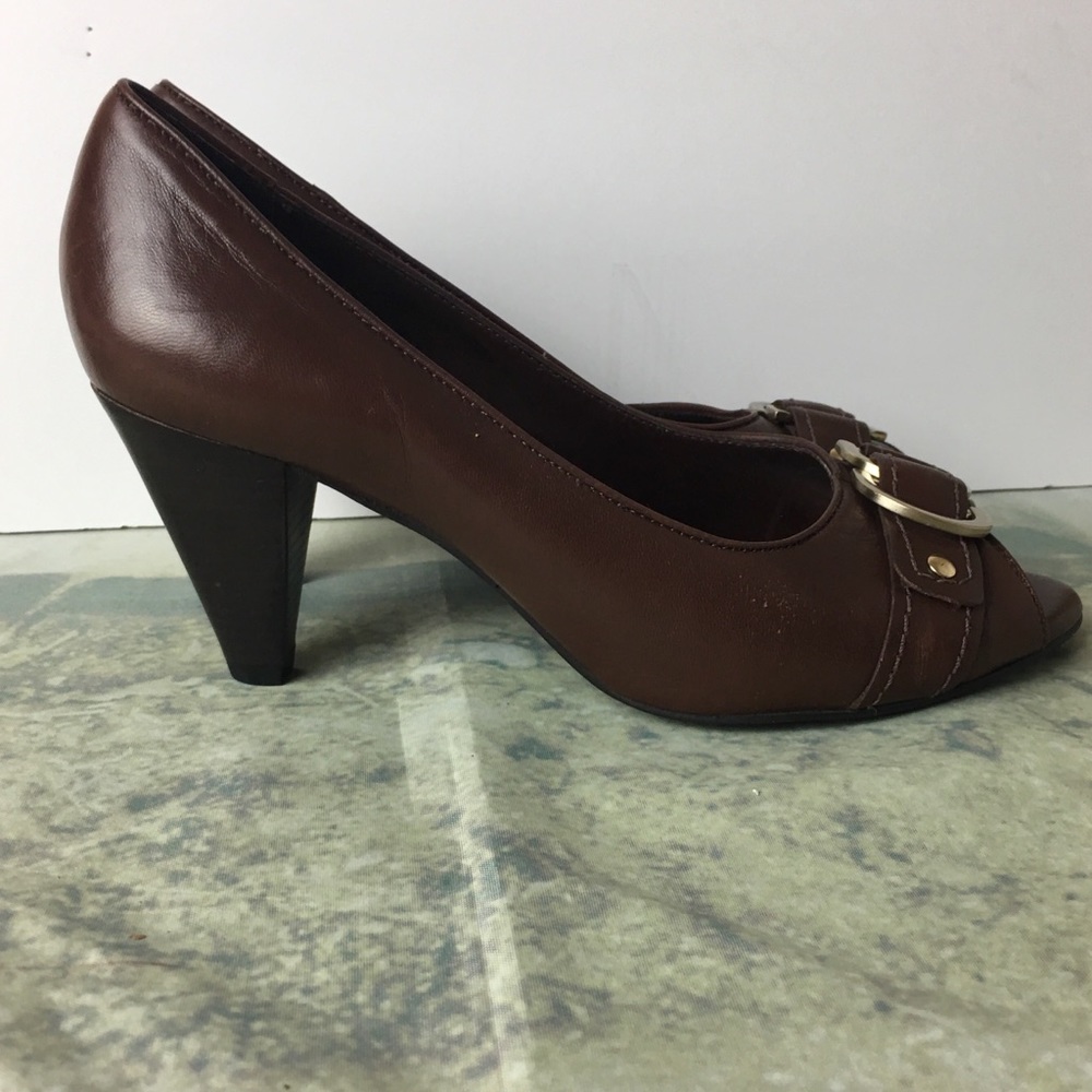 Alex Marie Women’s Leather Pumps Peep Toe Dark Brown Heels Size 7.5 - Picture 4 of 7